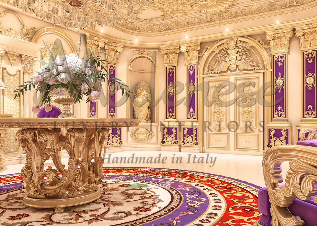 Modenese hand carved gold leaf round table purple decorations and hand carved door and walls decoration for presidential palace interior design